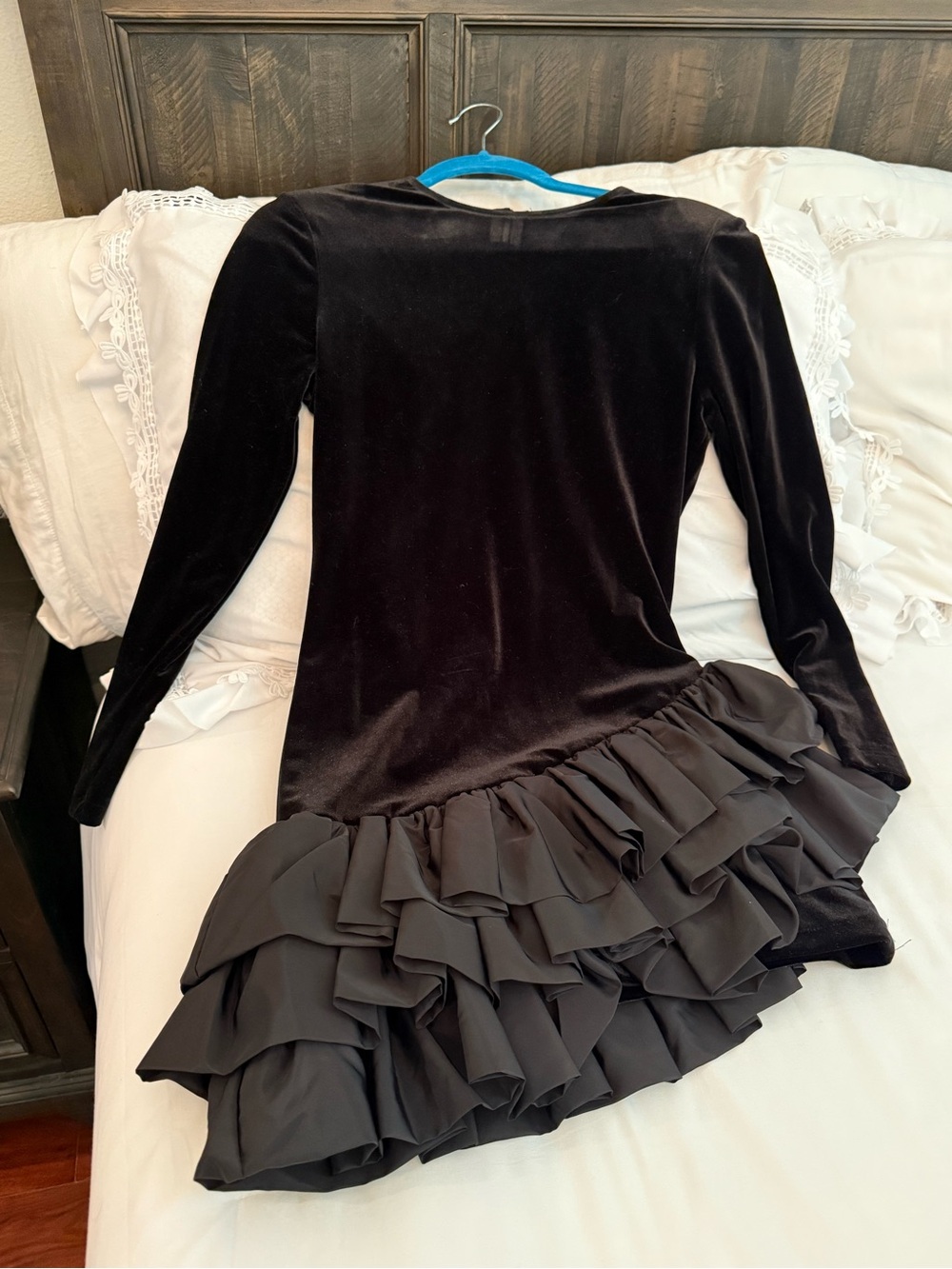Commense Black Velvet Long-Sleeve Dress with Ruffle Hem